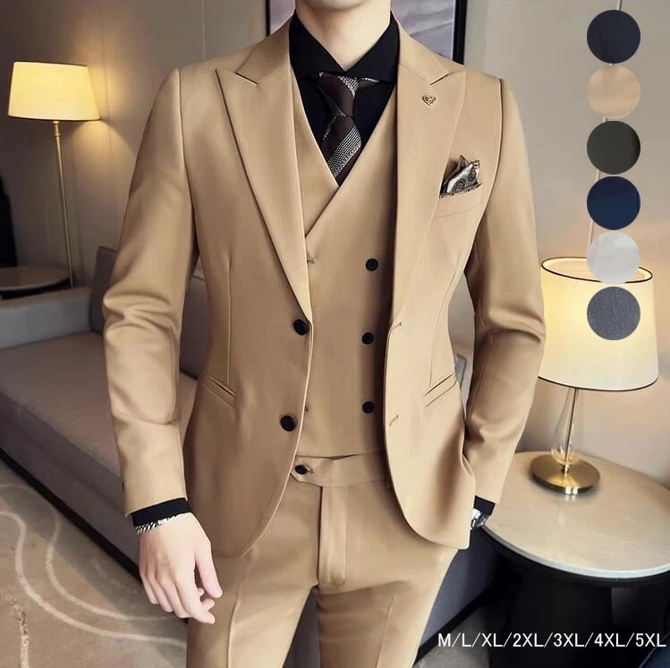 イギリス風 スリムスーツ カジュアル 上下セット ビジネス スリーピース スーツ メンズ 結婚式スーツ 3ピーススーツ ジャケット+パンツ+ベスト フォーマルスーツ 二次会 披露宴 パーティー 通勤