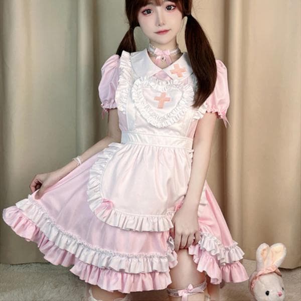 ハロウィン 十字架メイド服 コスプレ 衣装 フリル ロリータ ミニスカ ドレス 修道女 ハロウィン かわいい シスターピンク