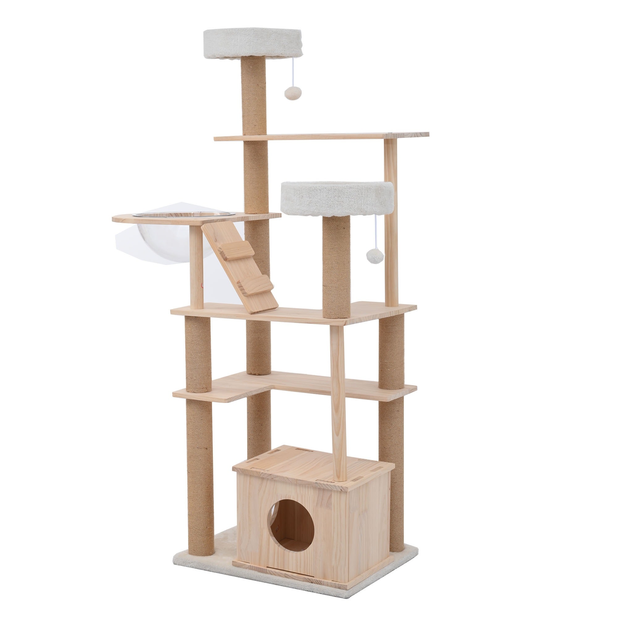 【2点購入で150OFF】品質良い!店舗お勧め! キャットタワー 猫タワー 天然木製 宇宙船付き 麻紐支柱 爪とぎ おもちゃ付き 安定感抜群 ペットハウス 上りやすい クリアボウル 省スペース 多頭飼