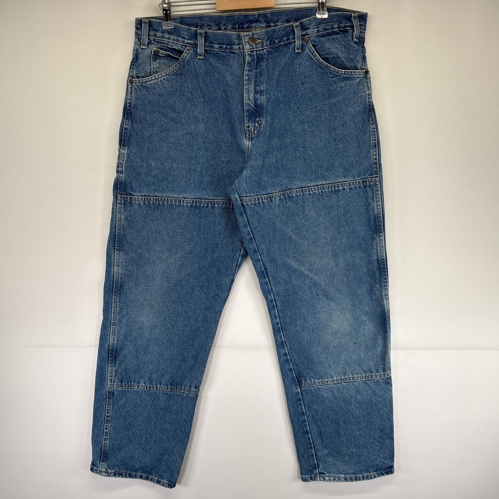 古着 デニムパンツ ダブルニー サイドポケット ワンポイントロゴ ジーンズ ジーパン w38 L32 ブルー メンズ