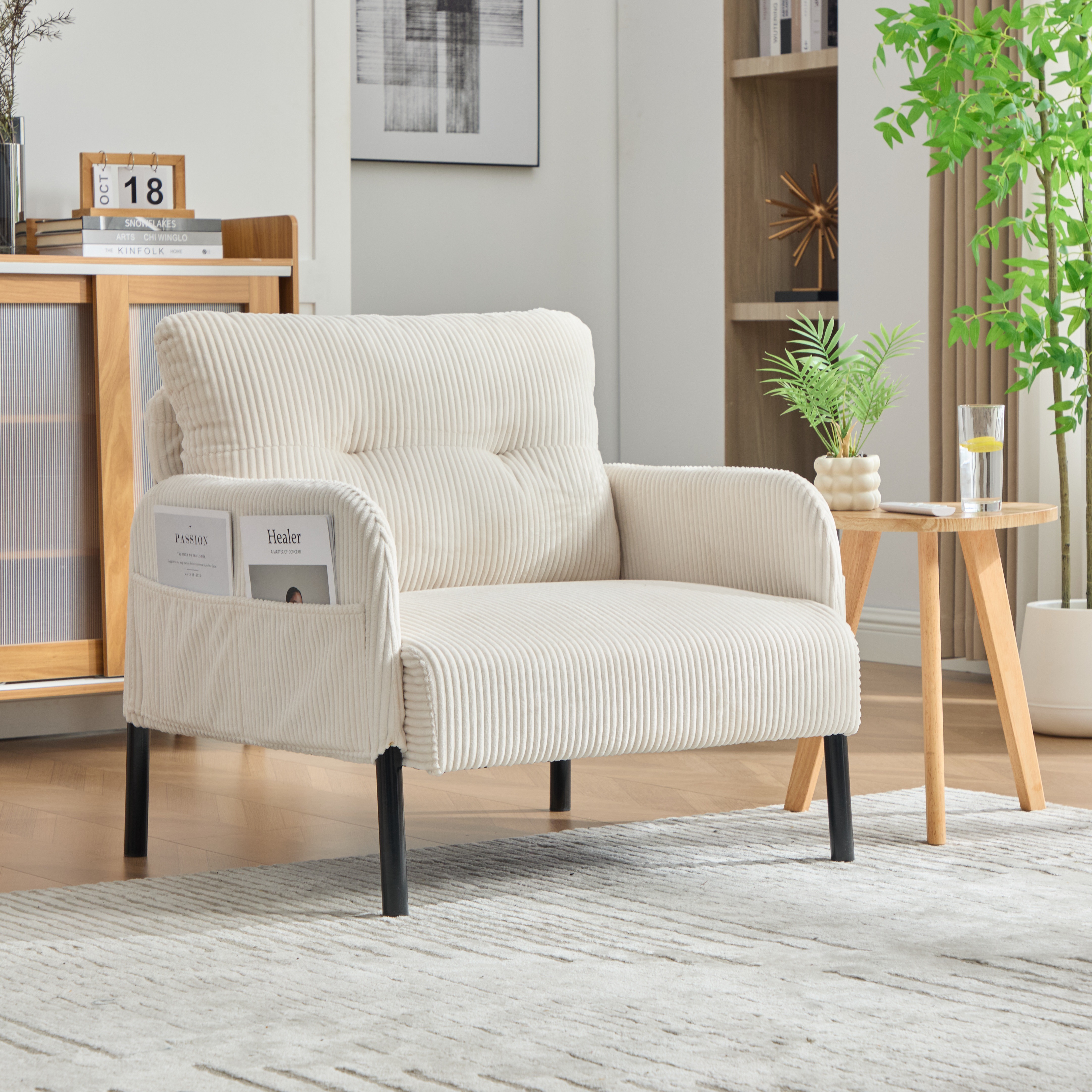 【国内出荷は送.料.無.料】1人掛け ソファー コーデュロイ ソファ コンパクト 幅67cm 奥行52cm 肘付き 鉄製フレーム 1人用 独立型Sバネ 耐久性 サイドポケット付き おしゃれ レトロ モ