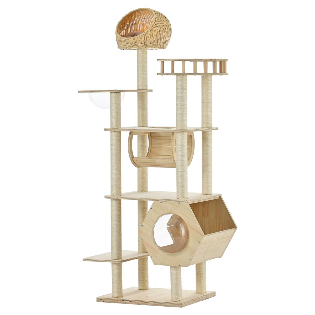 キャットタワー 猫タワー ネコタワー 多頭飼い 高さ183cm 宇宙船 隠れ家 爪とぎポール トンネル付き 据え置き型 ネコ タワー 組立簡単 おしゃれ タワー 天然木製 可愛い 大型猫 子猫