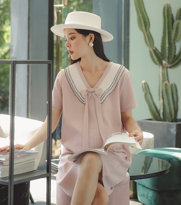 【送料無料】マタニティ ワンピース Vネック プリーツ襟 リボン 半袖 レディース 可愛い