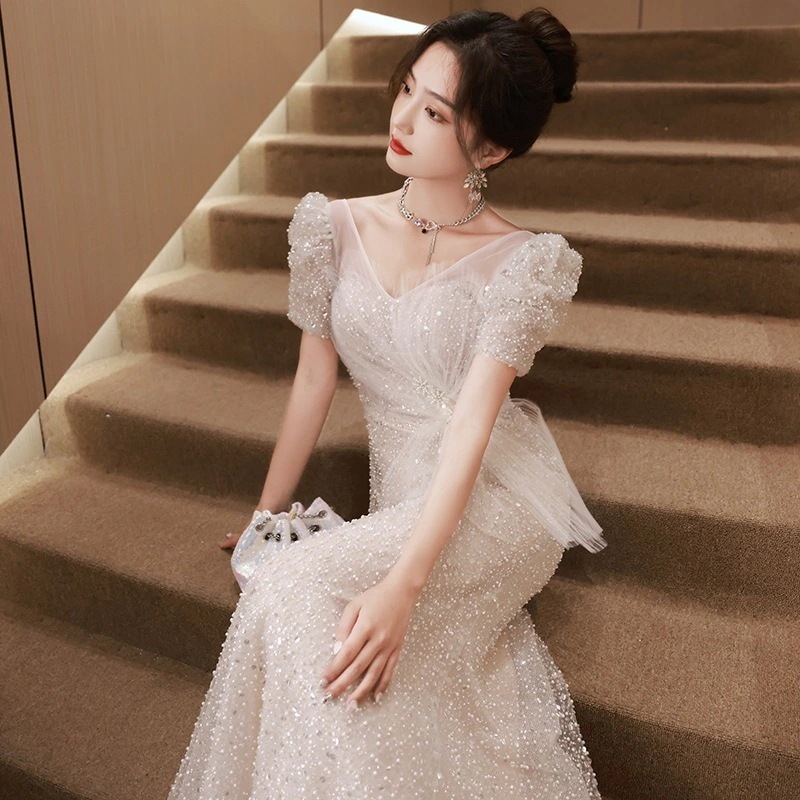 【韓国ワンピース ドレス】 パーティードレス 誕生日 演奏会 花嫁 司会 イブニングドレス フィッシュテール ドレス 5 新しい結婚式 ホスト 卒業式