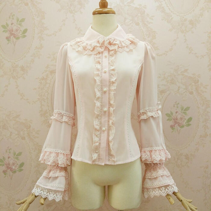 【急速出荷】ロリータ 姫系 レース ブラウス クリスマス コスプレ ハロウィン 春 夏 秋ドル襟 長袖 フレア 薄手 透け感 ゴスロリ 甘め クラシック エレガント