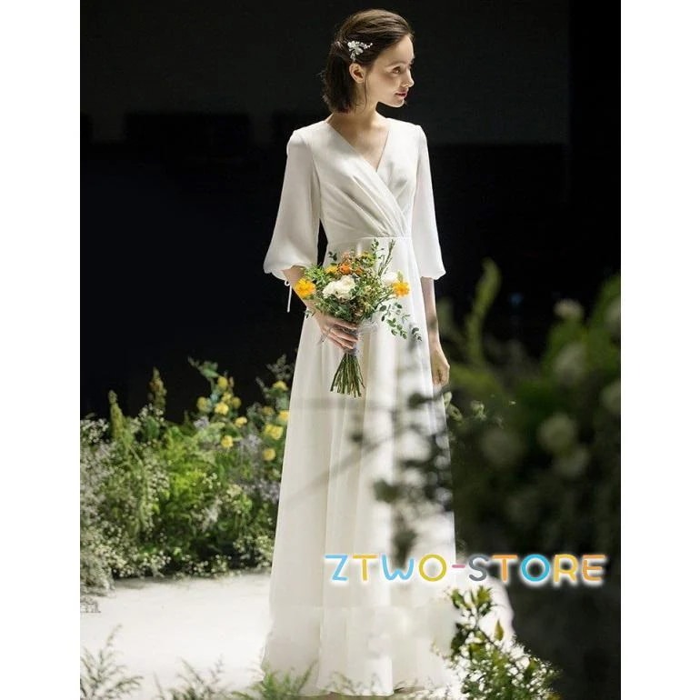 ウェディングドレス 袖あり ウェディングドレス 大きいサイズ 3L 4L 小さいサイズ ウェディングドレス 二次会 シンプル カシュクール Vネック 五分袖 七分袖