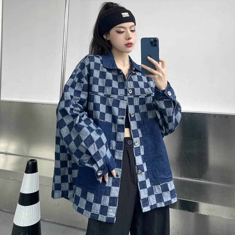 アウター ジャケット デニム Gジャン レディース おしゃれ 大人可愛い ブルー ブロックチェック 切り替え バイカラー 個性的 ラフ ルーズ 上着 羽織 長袖 S M L XL 2XL 大きめ オー