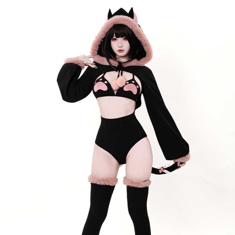 3日出荷 可愛い猫 つなぎセット ビキニ取り外し可能 フワフワ猫耳＆しっぽ 春服 レディース