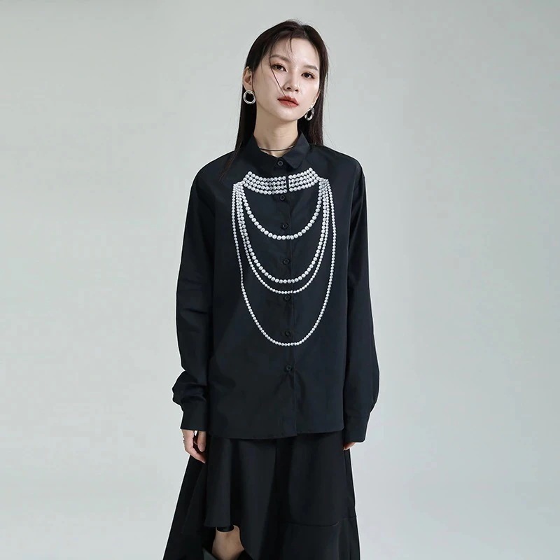 【J.Fashion】 秋 ロングブラウス プリントパール柄飾り 着痩せ ロングシャツ レディース おしゃれ 関連商品は店で購入可能 メガ割30%までに制限