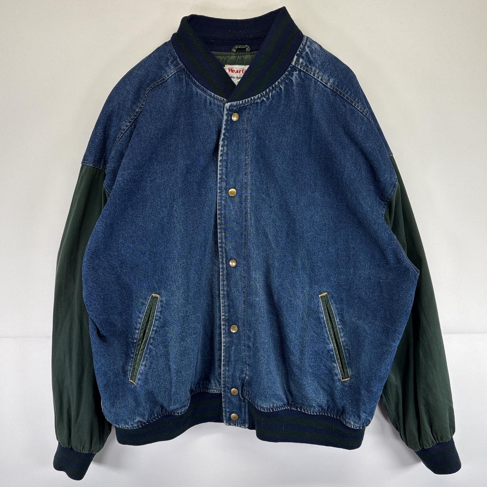 古着 ウェアガード Wear Guard デニムスタジャン アワードジャケット ツートンカラー ブルゾン 大きいサイズ 2XL ブルー メンズ