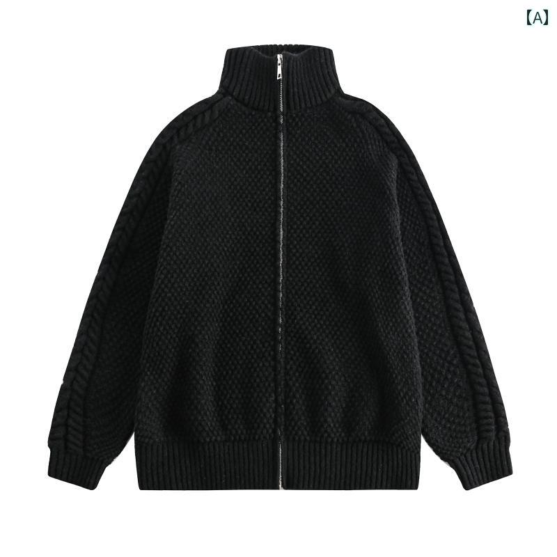 カーディガン メンズ セーター ニット スタンドカラー 冬 無地 ジッパー ジップアップ ジャケット ブラック ベージュ グレー