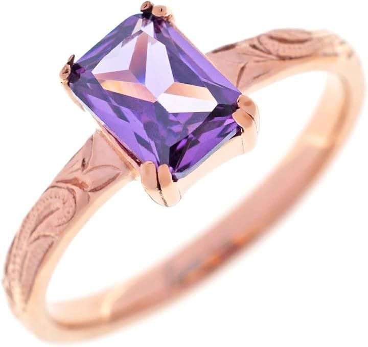 Piena ピエナ サージカルステンレス キュービックジルコニア ハワイアンジュエリー スクエアストーン スクロール プルメリア リング(ピンクゴールド/アメジスト, 13号)