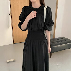 [本日特典]クルーネック長袖 ウエストマーク シャーリング スリムロングワンピワンピース