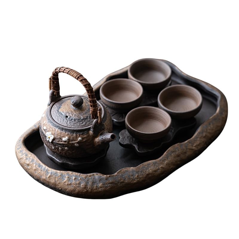 ティーポット ティーカップ セット アンティーク 陶磁 茶具セット ティートレイ付き 客用湯呑みセット 高温焼成 耐熱 陶器 功夫茶具 茶道 茶房 家庭用 業務用 茶道具 (ダ・サン・リアン)