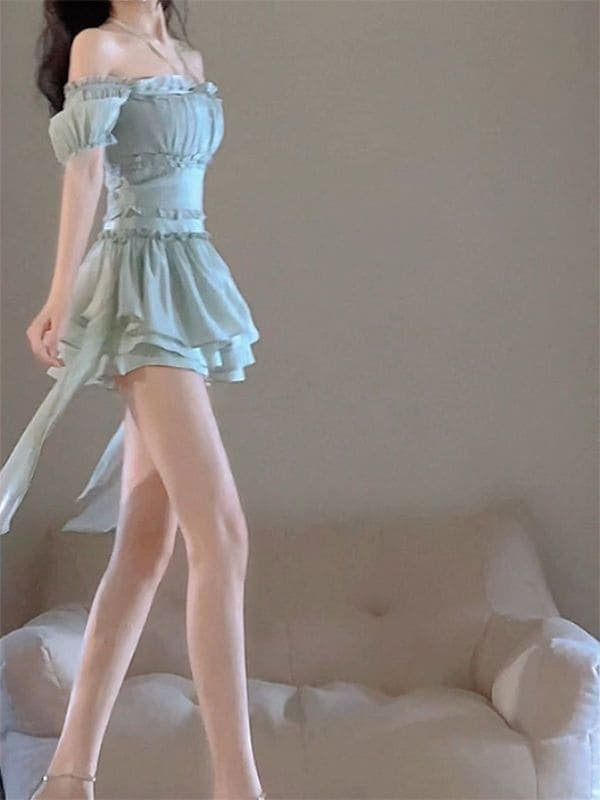 スカートスーツ2024夏の新作甘辛風木耳付きショルダーシャツ+ハイウエスト半身キュロットの2点セット ワンピース 5,258円