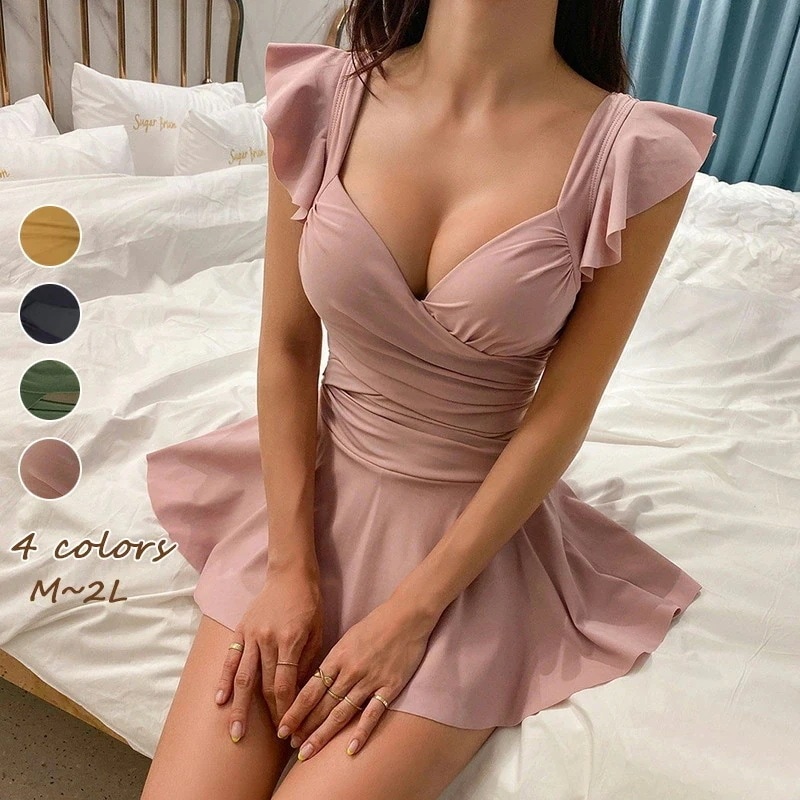 【夏バーゲン】今週だけお得水着 レディース ワンピース型 オールインワン Vネック フリル レース 背中出し 着痩せ ビキニ レディース 水着 盛れる 半袖 日焼け 韓国風 超可愛い お腹 お尻 太