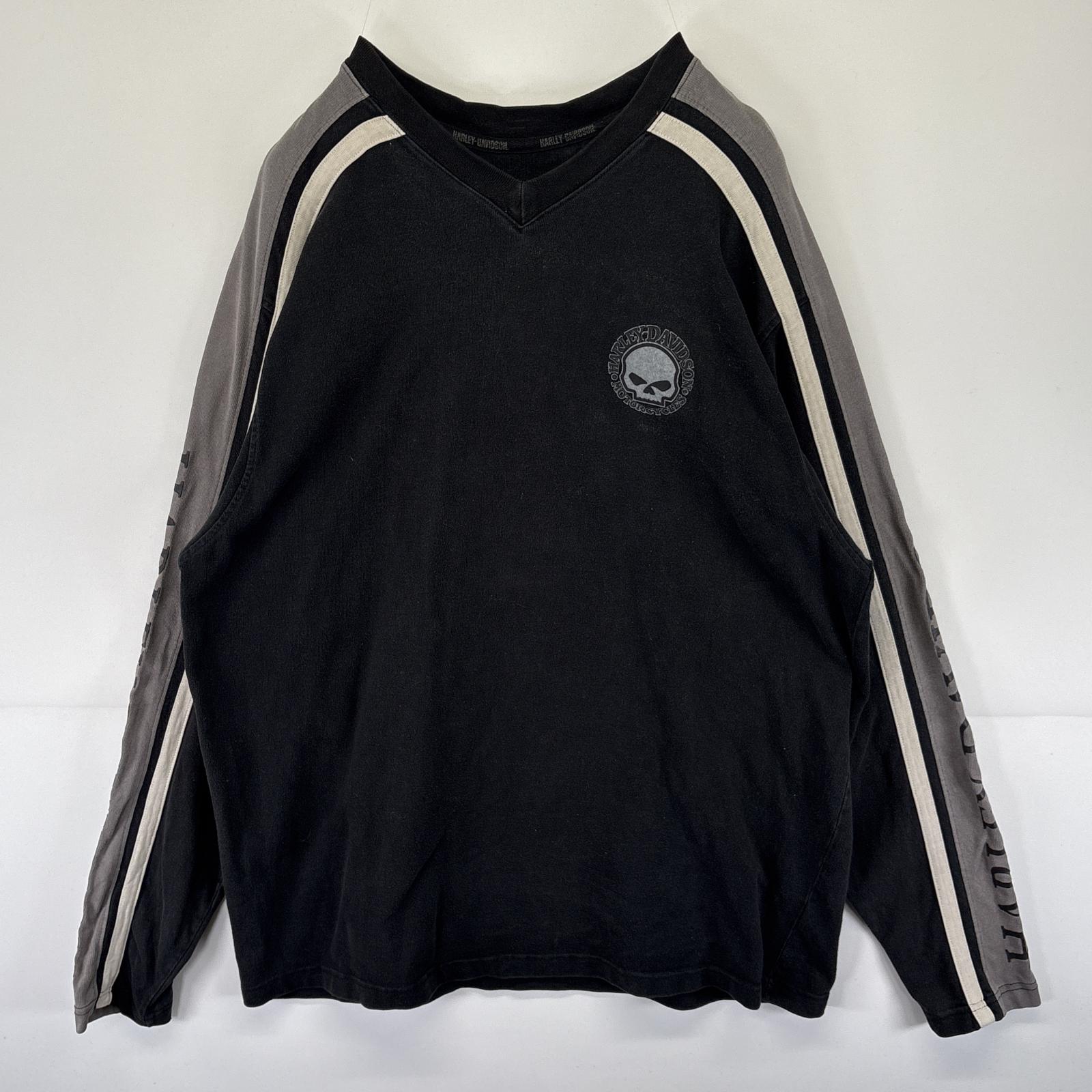 古着 長袖Tシャツ ロンT 袖ロゴプリント スカル Ｖネック トレーナー XXL ブラック メンズ
