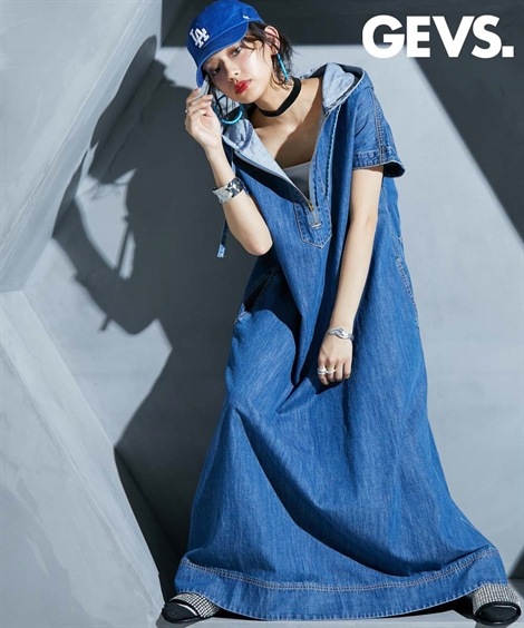 ロングマキシ丈/半袖 大きいサイズ 綿100％デニムパーカーマキシワンピース GEVS.