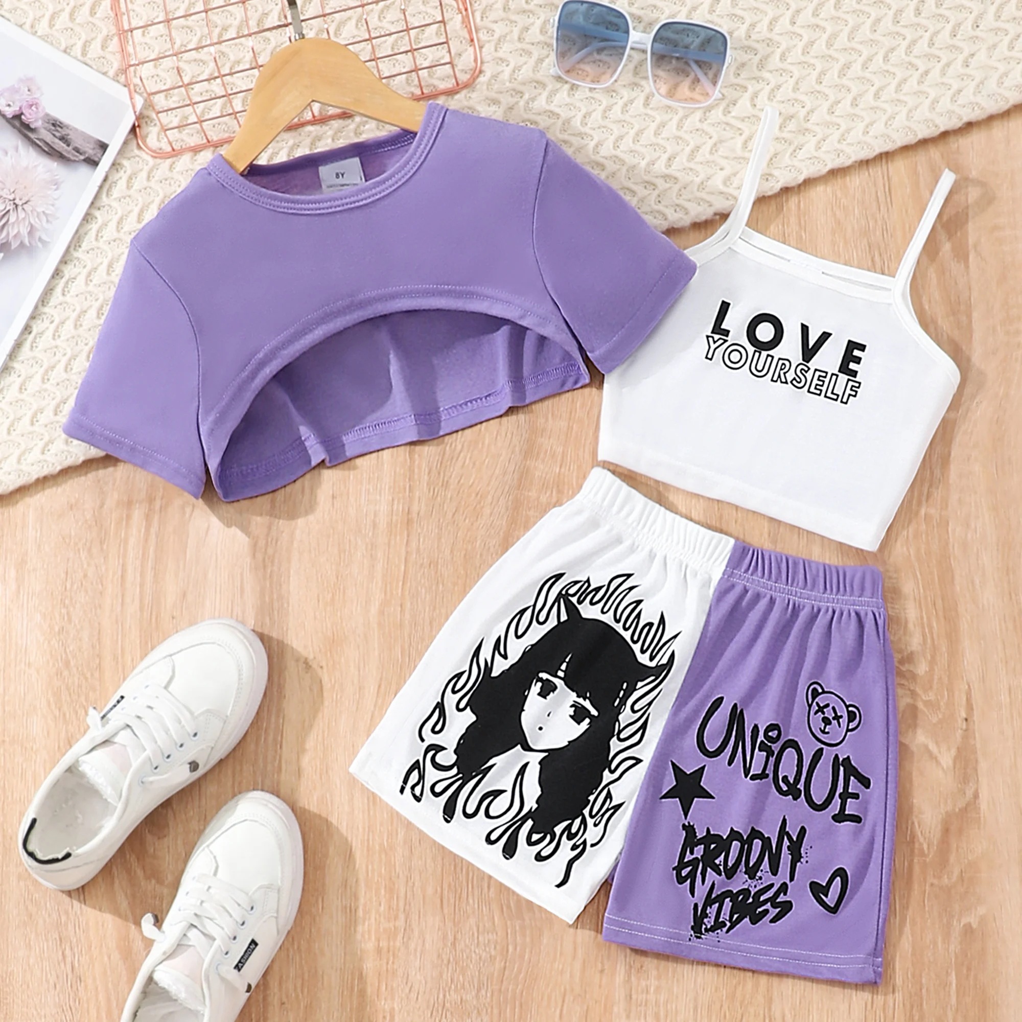 女の子のための3ピースセット,ショートトップ,レタリングとショートパンツ,無地,ストリートウェア,トレンディ - AliExpress 1501