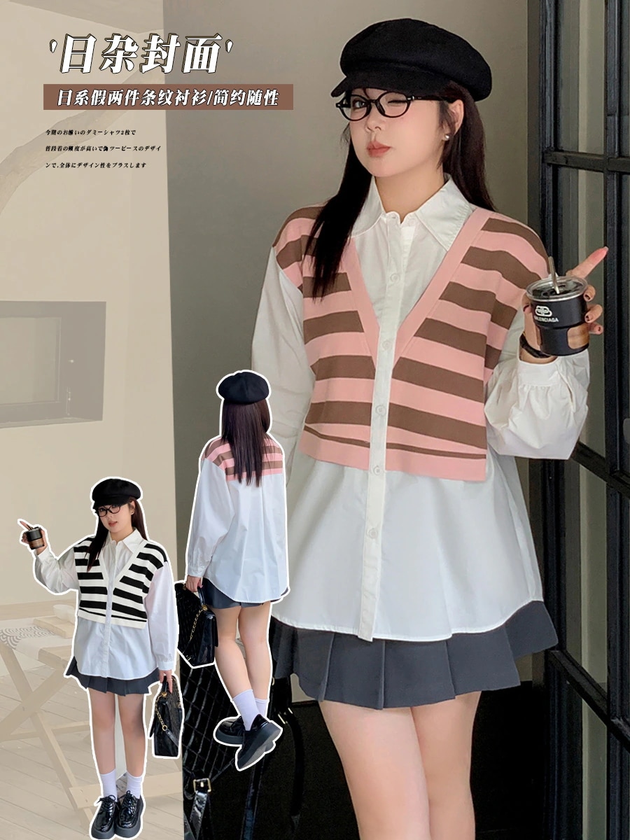 【ぽちゃまに】 2024秋新品 ニットドッキング ブラウス XL-5XL 大きいサイズ 通勤風 体型カバー レディース ブラウス メガ割30%までに制限