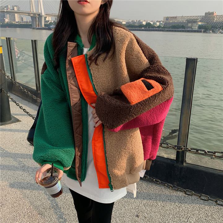 トリコロールカラー ボアジャケット ブルゾン スポーツティー ジャンパー コート レディース カジュアル ルーズ アメカジコーデ ストリート 10代 20代 30代