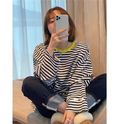 トップス カットソー プルオーバー 袖あり 長袖 クルーネック 薄手 かわいい 大人可愛い シンプル カジュアル レトロ こなれ感 ラフ メンズライク ボーイッシュ ルーズ ボーダー ストライプ シマ