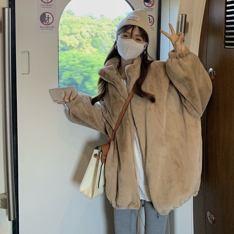 ムートンファッション秋アウター ひと足お先にボア カーディガン 長袖 トップス ゆったり 立ち襟 人工 ウサギ毛 おしゃれ冬アウター