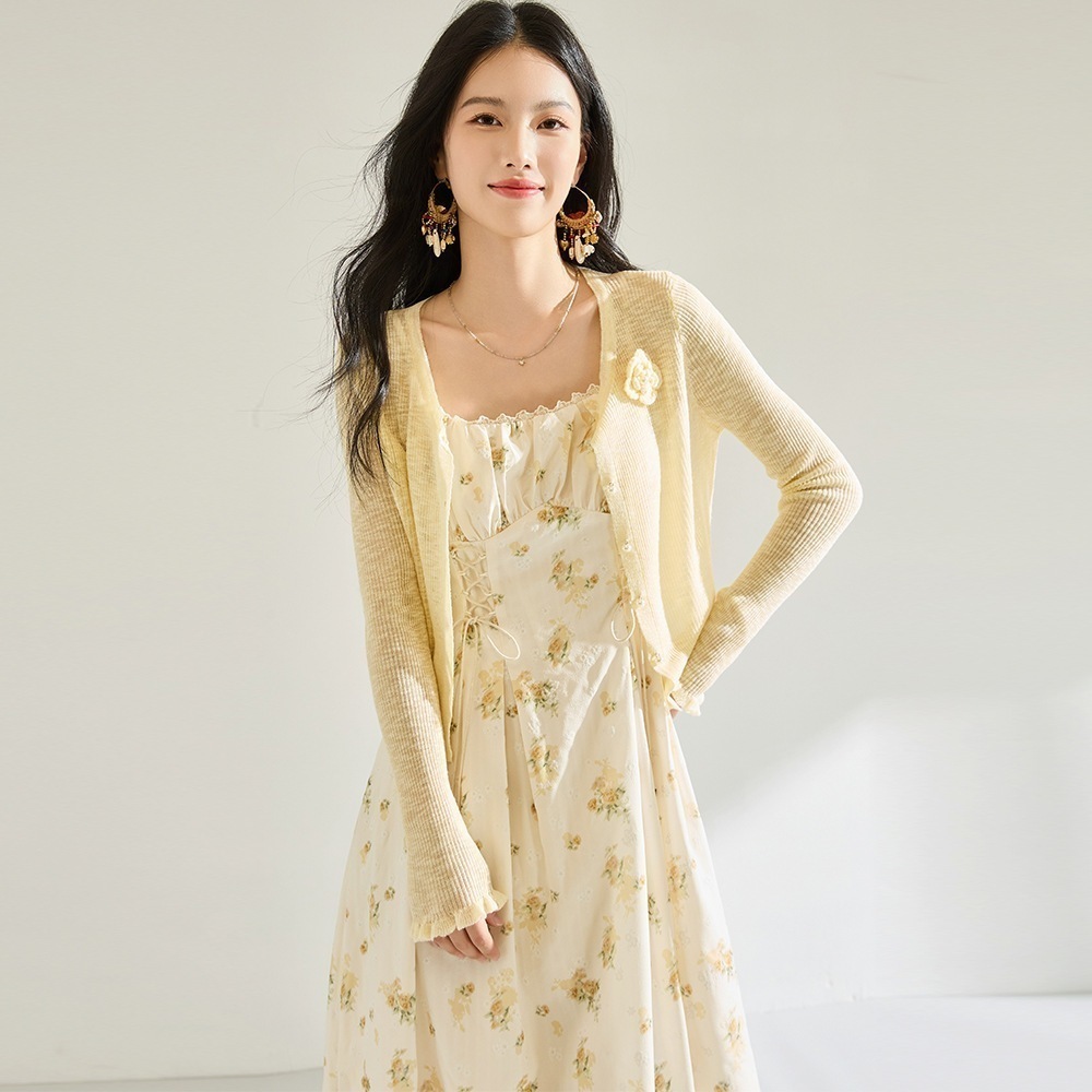 【送.料.無.料.急速発送】イエローチョーカーバンドプリントキャミソールニット2点セットワンピース