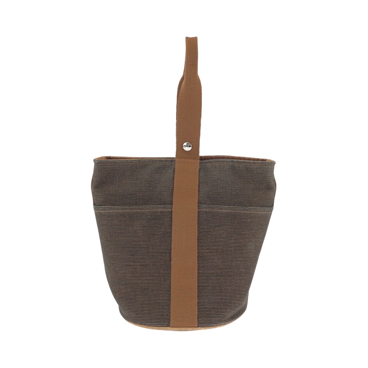 美品 サクソーMM ブラウン シルバー金具 キャンバス ハンドバッグ レディース 502244