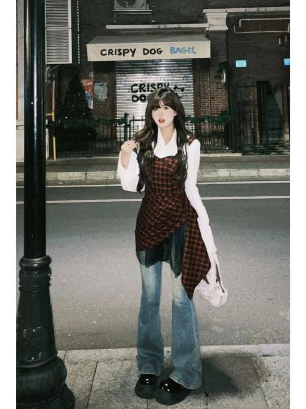 ジャンパースカート 大人 レディース 春秋 ミニ丈 ノースリーブ ワンピース Vネック ハイウエスト Aライン アシンメトリー スリム カジュアル 赤 チェック柄 5,377円