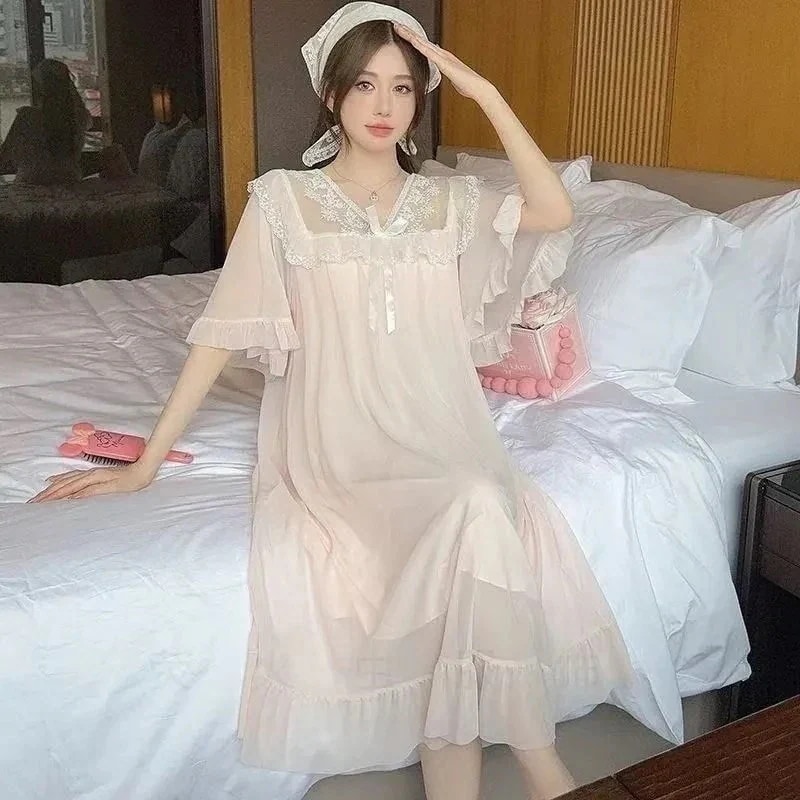 ネグリジェ ワンピース 姫系 ロング丈 レース シースルー 半袖 おしゃれ 可愛い 快適ナイトウェア
