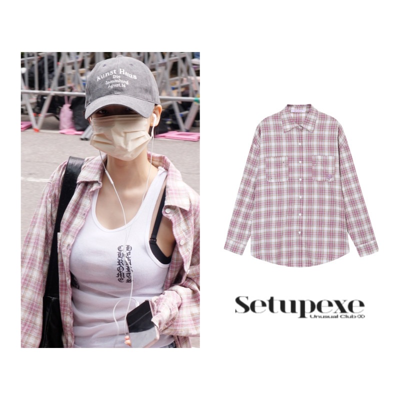 [再入荷][ aespa カリナ着用 ]【SETUP-EXE】 OVER CHECK SHIRT / PINK