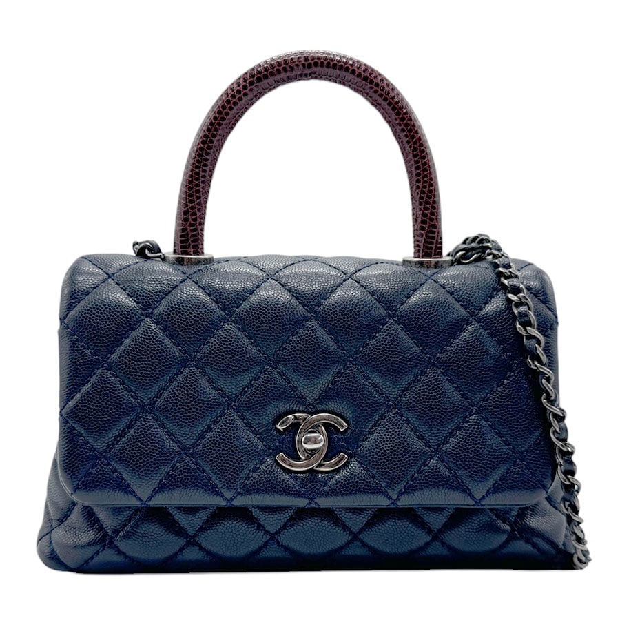 シャネル CHANEL ショルダーバッグ ハンドバッグ ココハンドル XS キャビアスキンレザー/リザード ネイビー×ブラウン ガンメタル レディース A92990 n0346
