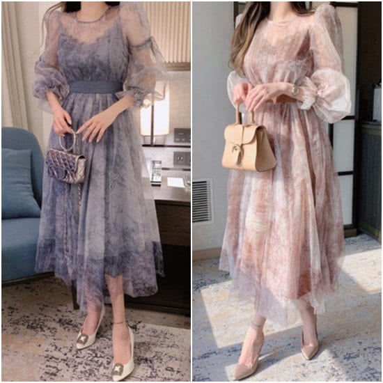 【取寄：納期2週間】演奏会ドレス 結婚式ドレス ロングドレス シフォン シースルー ウエストリボン ラウンドネック ハイウエスト Aラインスカート ミドル丈 長袖 ワンピースドレス お呼ばれ