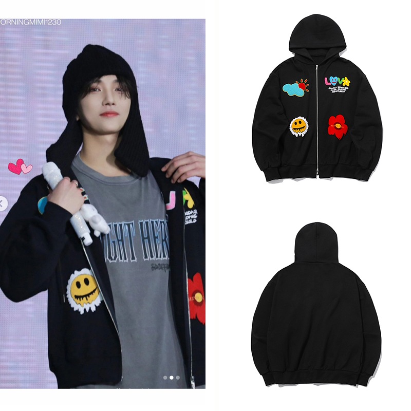 [SEVENTEENジョシュア着用]Multi Logo Hooded Zip-Up Black