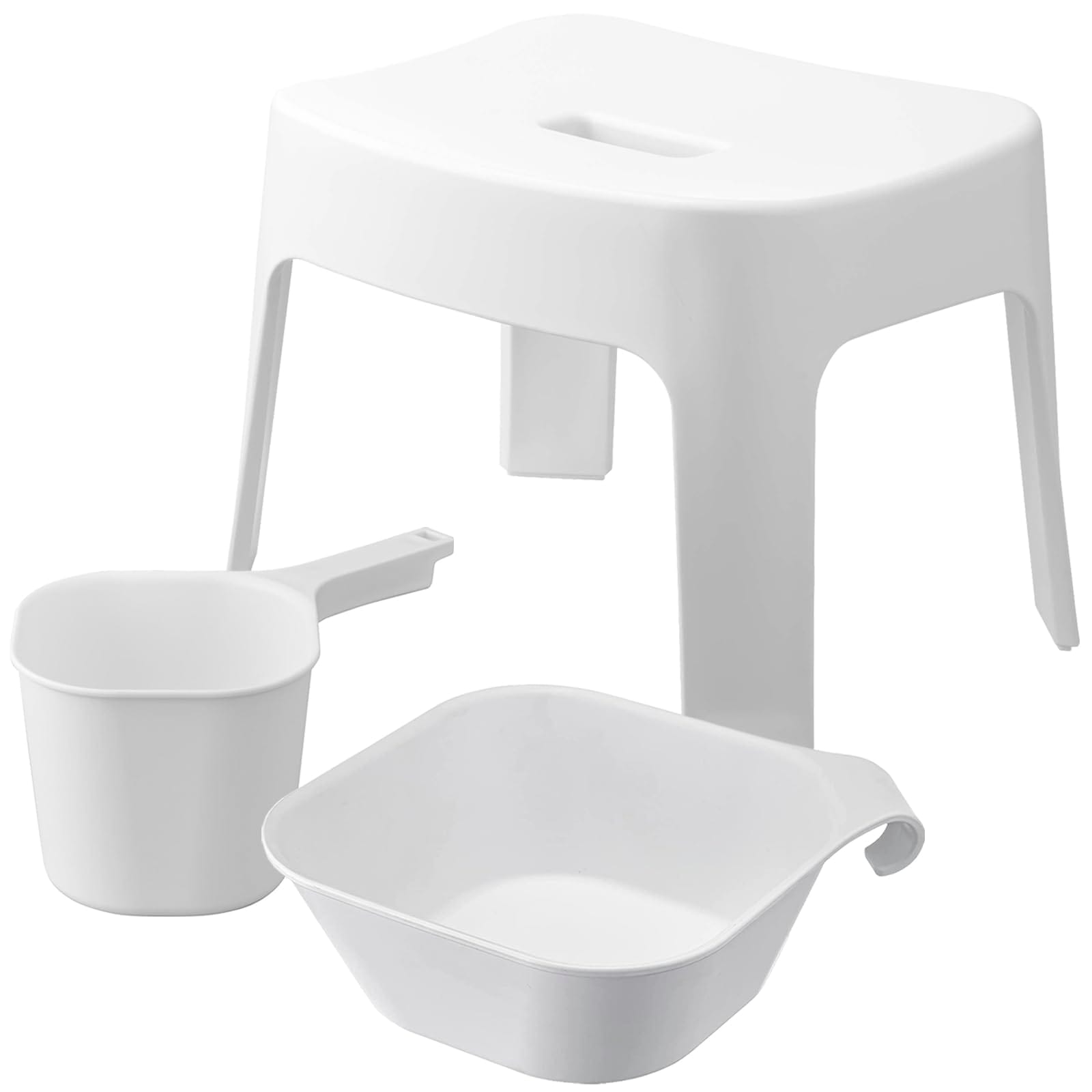 山崎実業(Yamazaki) マグネット風呂イス 座面高25cm マグネット＆引っ掛け湯おけ マグネット手おけ 【3点セット】 tower 浮かせる収納 バスチェア ホワイト 6925 5378 36