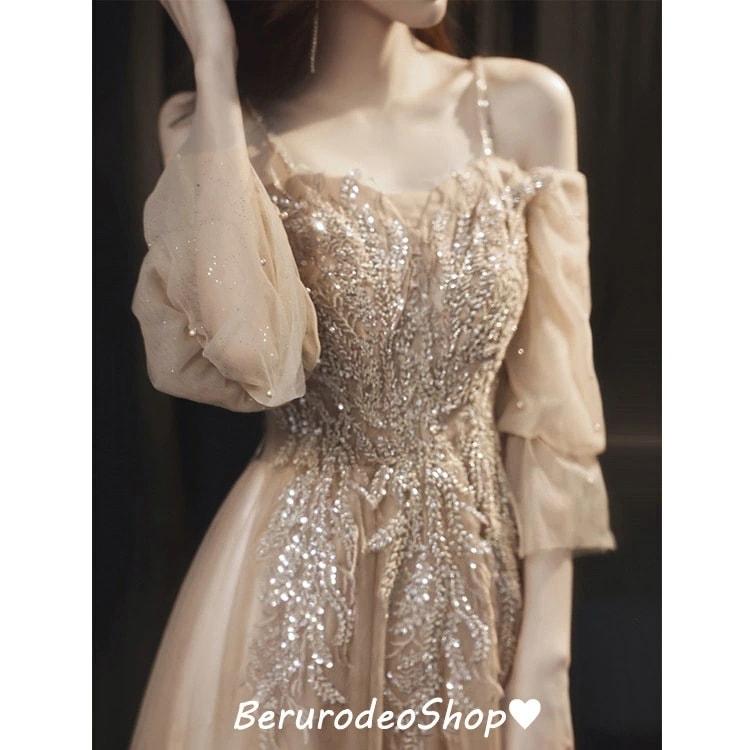 イブニングドレス オフショルダー ロングドレス ベージュ キャミドレス オシャレ ビーズ キレイめ 結婚式ドレス 二次会ドレス ロング Aライン パーティードレス 発表会ドレス XS S M L XL