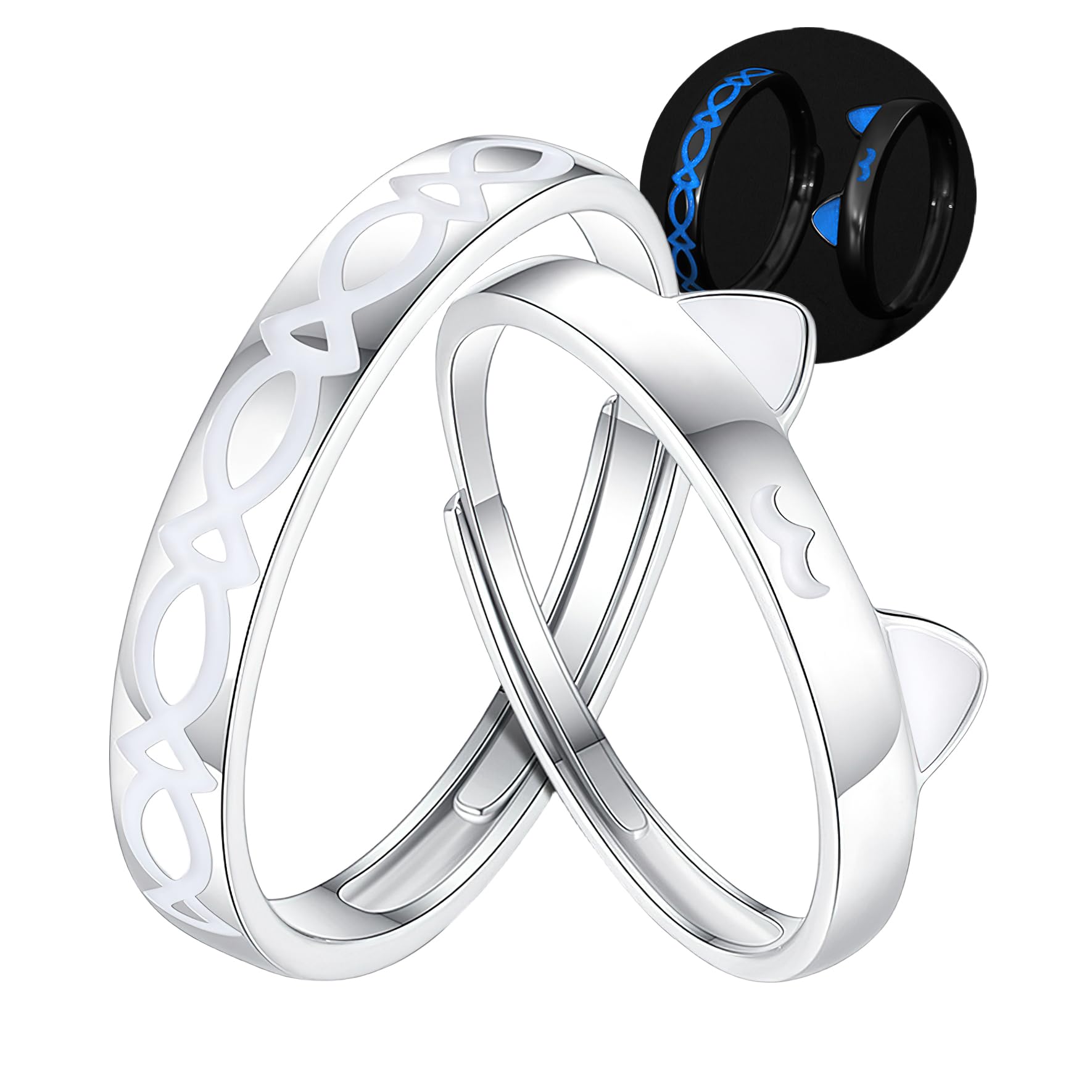 [MIYEKI] ペアリング フリーサイズ カップルリング 2個セット 猫と魚の指輪 シルバー アレルギー対応 夜光 婚約指輪 専用ボックス付き