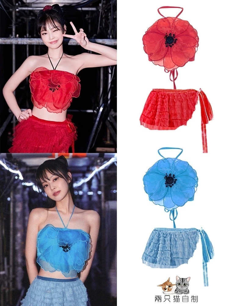 【2枚購入で200円 OFF！急速出荷】コンサートジンジーフラワー立体ホルターネックストラップトップガーゼスカートスーツホット