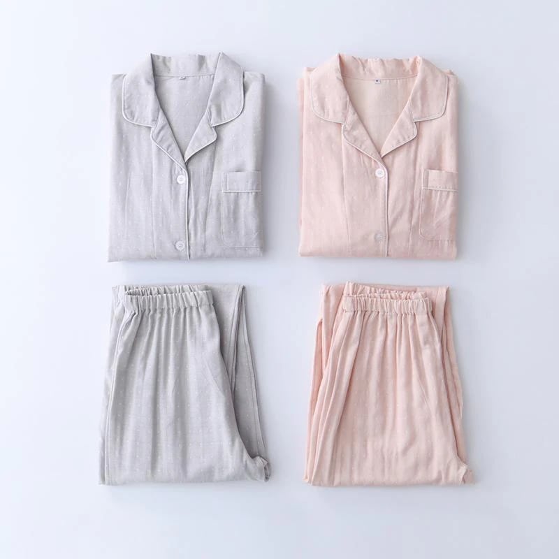 出荷が早いパジャマ レディース 春 夏 長袖 ダブルガーゼ 綿 前開き 薄手シャツ 先染め ストライプ チェック グレー SMLLL おそろい