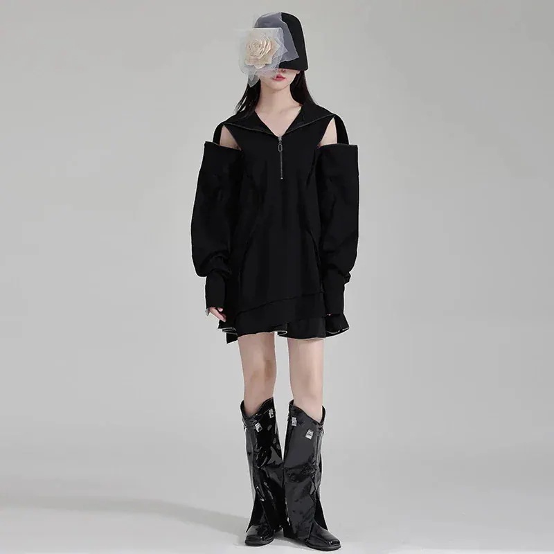 カシミヤタッチ ロンT ファスナー 長袖 スウェット レディース 春夏 ブラック ゆったり スウェット ロングスウェット