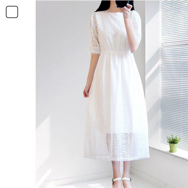 女性パンチングレースウエストバンド半袖ロングワンピースDHTW-OPH-SN1959448