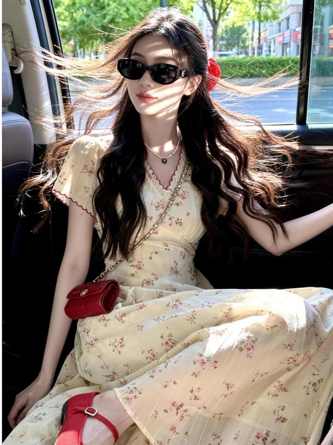 裕福な家の娘のような優しい雰囲気の花柄小柄な女性にぴったりの夏の美しいロングドレス