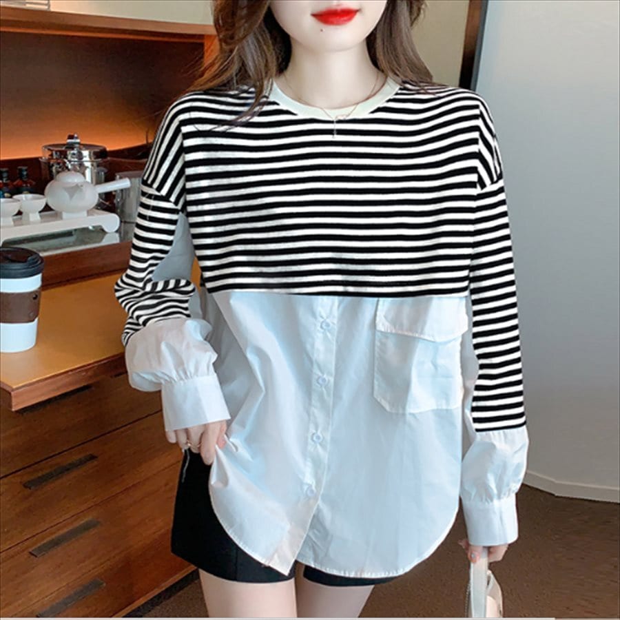 トップス 2色 Tシャツ ブラウス ロング丈 ロング 袖あり 長袖 ラウンドネック クルーネック プルオーバー バイカラー 異素材切り替え ドッキング かわいい 大人可愛い 大人女子 4,858円