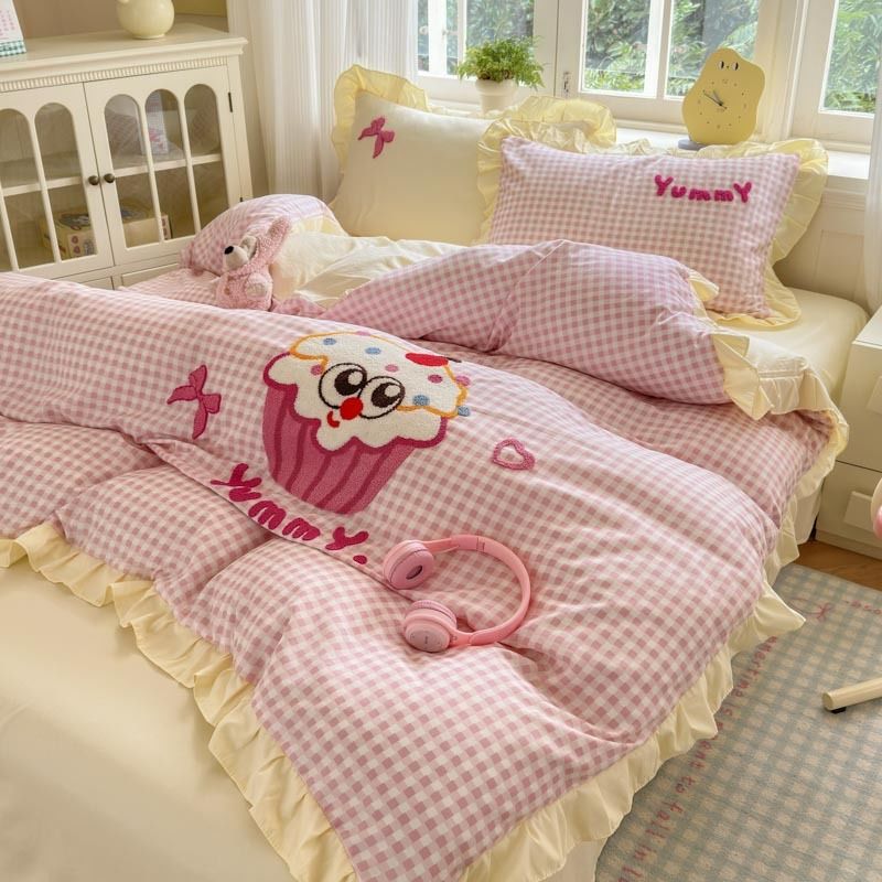 insプリンセス風レースリボンタオル刺繍水洗綿4枚セット乙女ベッドシーツ3枚セット