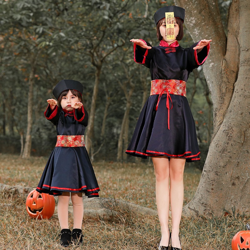 ハロウィン コスプレ キョンシー チャイナ服 コスチューム 大人 子供用ガールズキョンシー 衣装レディース 妖怪 お化け ゾンビ 悪魔 霊幻導師 御札 4点セット キョンシー コスプ