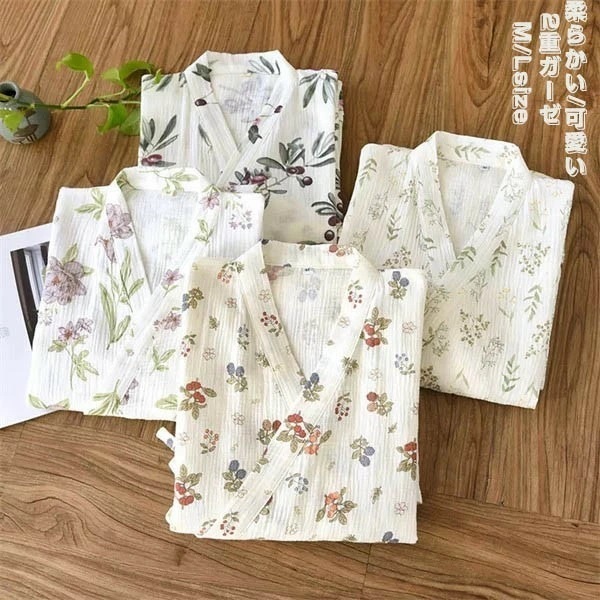 【夏セール！】綿 ルームウェア パジャマ 寝巻き 男女兼用 ガーゼ 浴衣 ガウン お風呂上がり バスローブ ホワイト レディース メンズ 花柄 葉柄 綿 2重ガーゼ 前開き 夏素材 旅館 温泉 介護