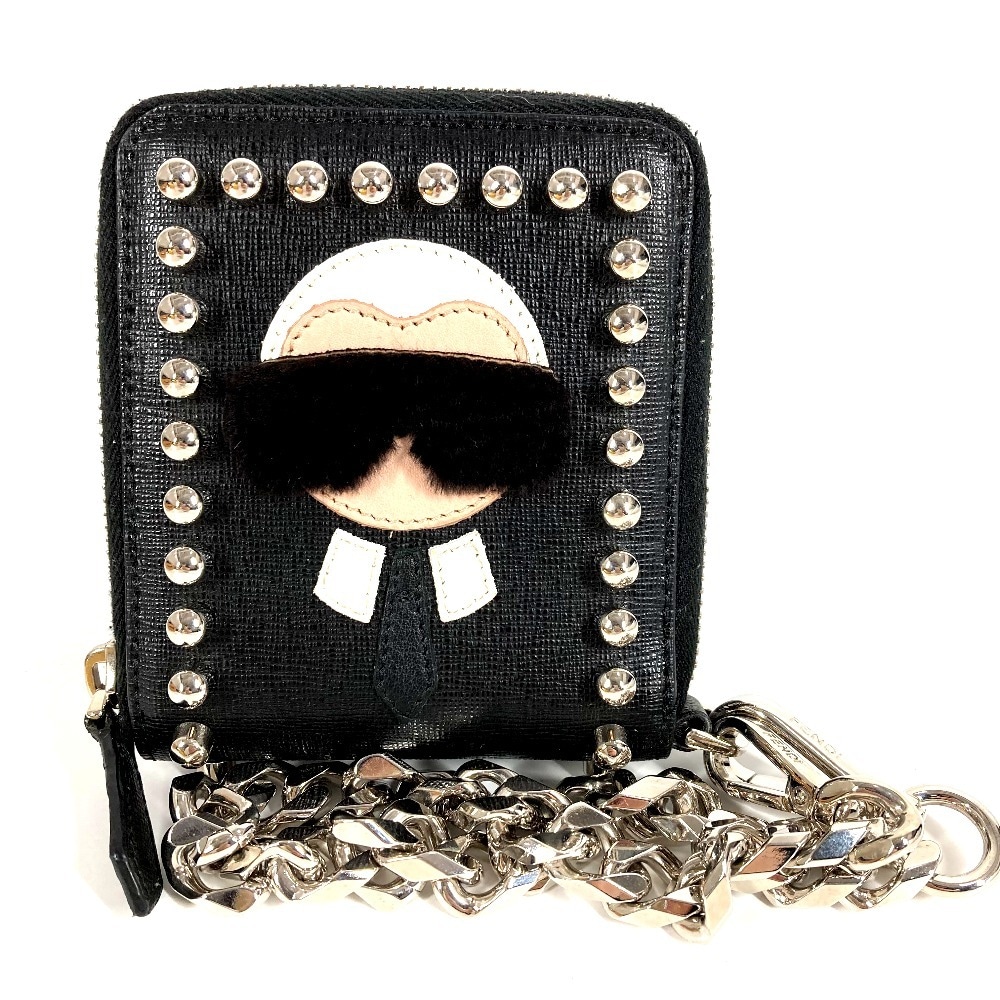 2つ折り財布 7M0197 カールラガーフェルド ウォレットチェーン付き ラウンドファスナー コンパクトウォレット レザー ブラック 22,275円