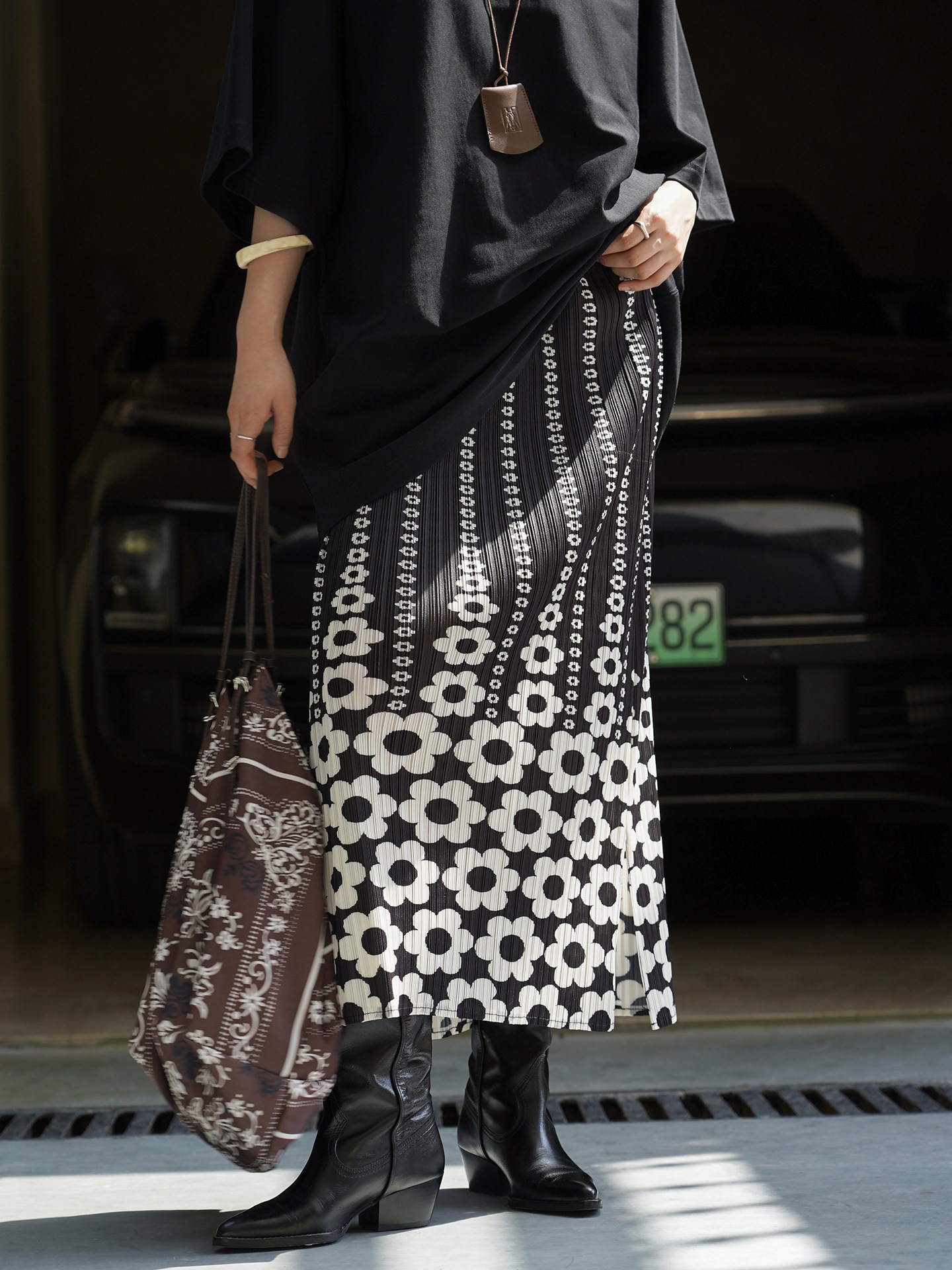 ルーヴル夏新作韓国系文芸レトロプリント成衣シワスカートすっきり通気性ロングスカート女