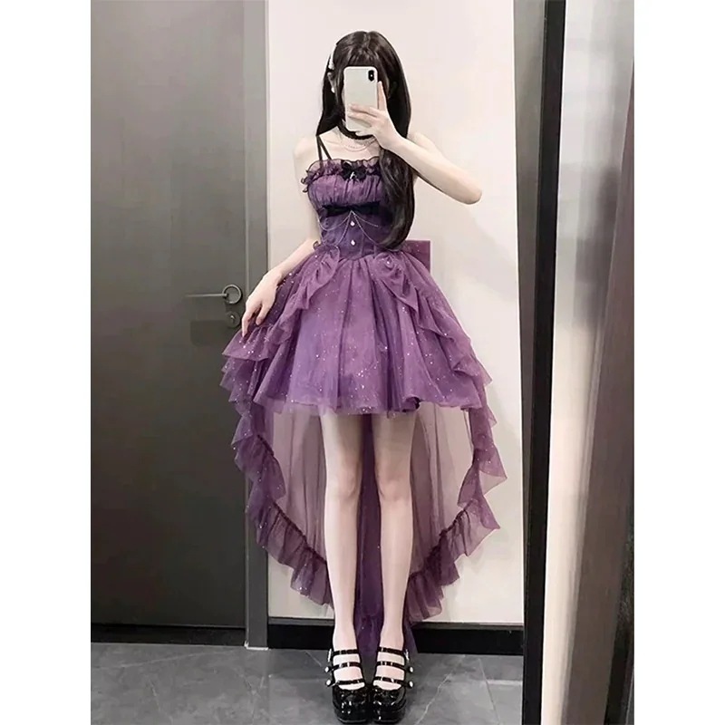 パープルライトドレス プリンセスドレス ロリータ 微ラメロリータ テールスカート